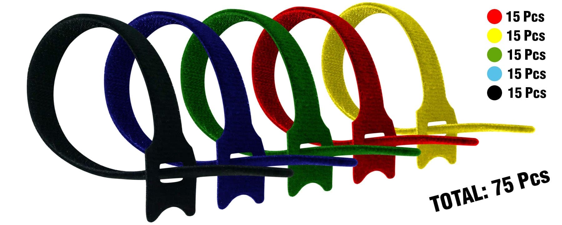 Cambridge ZipIts Reusable Fastening Hook and Loop Cable Ties 75 Pack 8-in Assortment; 15 Pieces Each Black, Blue, Green, Red, Yellow