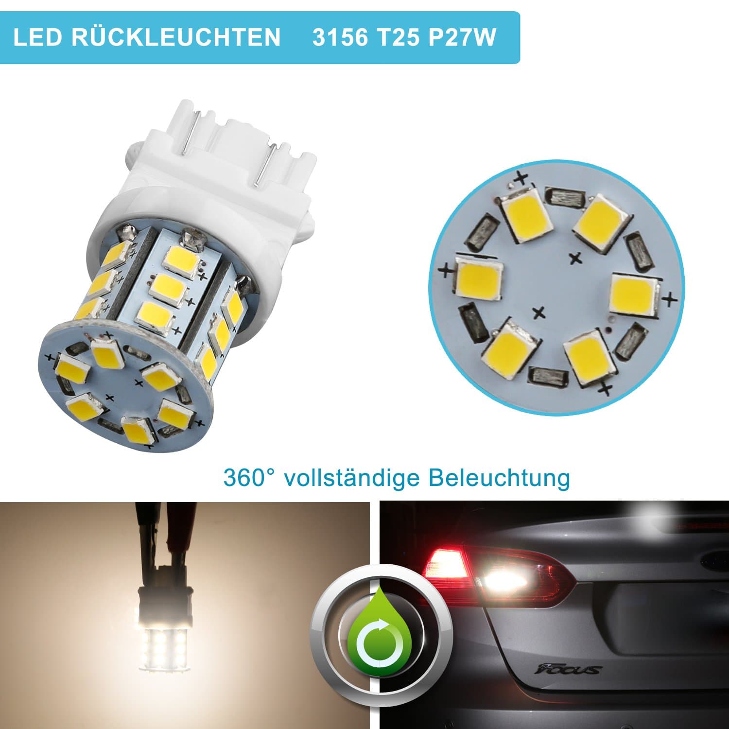 ZISTE LED Tail Light Bulbs, Led Reverse Lights for backup, Super Bright 2835SMD P27W T25 3156 3056 3057 3157, Pack of 2, Xenon White