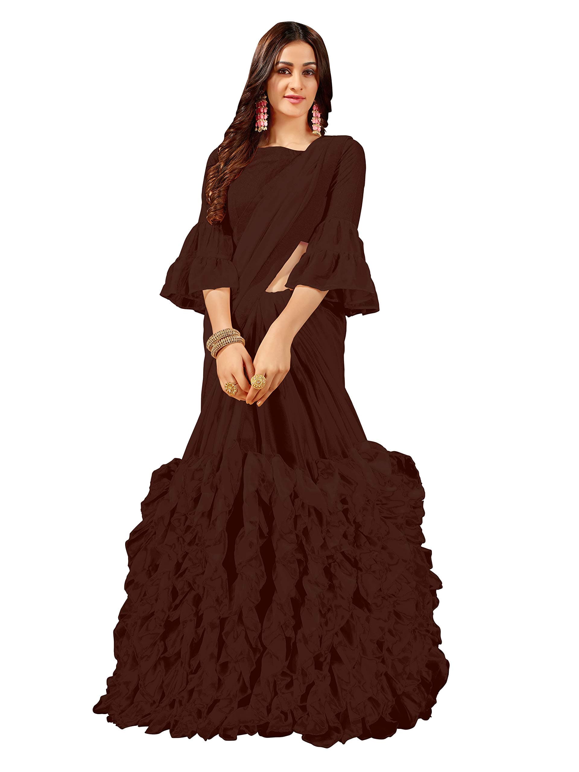 MANOHARI Plain Georgette Ruffle Saree with Blouse Piece