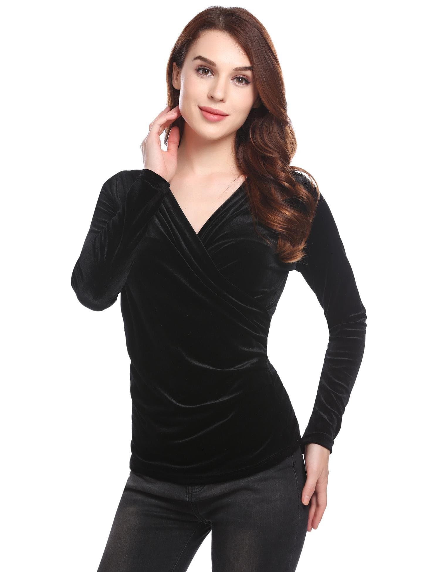 Womens Long Sleeve Wrap Top Deep V Neck Drape Tshirt with Side Shirring
