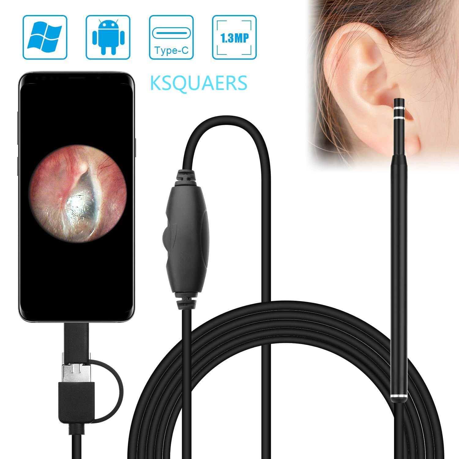 USB Otoscope-Ear Scope Camera, Upgraded 4.3mm Diameter Visual Ear Camera HD Ear Endoscope with Earwax Cleaning Tool and 6 Adjustable LED Lights for Android and Windows