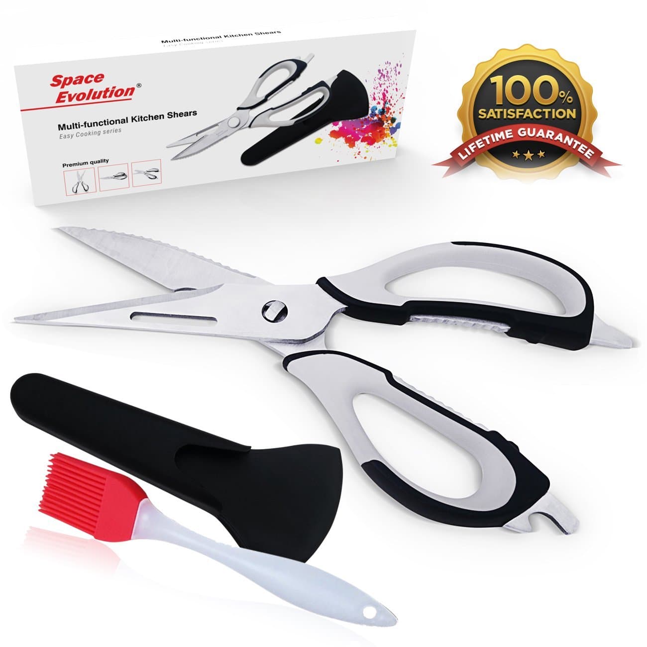 Kitchen Shears Poultry Scissors Set, BEST Cutting Aid with Stainless Steel Heavy Duty Blades and Large Handles FREE Basting Brush Included for Glazing and Food Marinade by Space Evolution