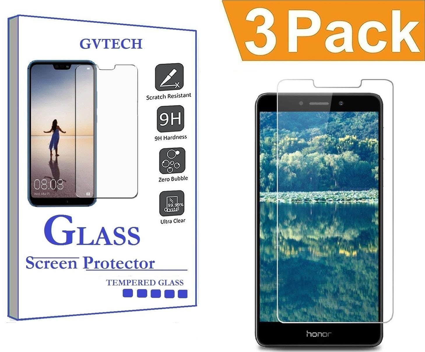 GVTECH Screen Protector for Huawei Honor 6X, Tempered Glass Screen Protector[0.3mm, 2.5D][Bubble-Free][9H Hardness][Easy Installation][HD Clear] for Huawei Honor 6X(3 Pack)