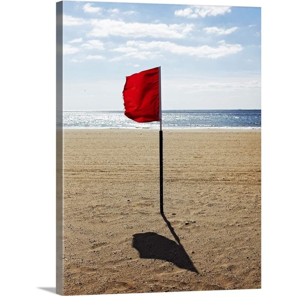GREATBIGCANVAS Red Warning Flag Blowing in Heavy Wind on Empty Beach indicating no Swimming Canvas Wall Art Pr.