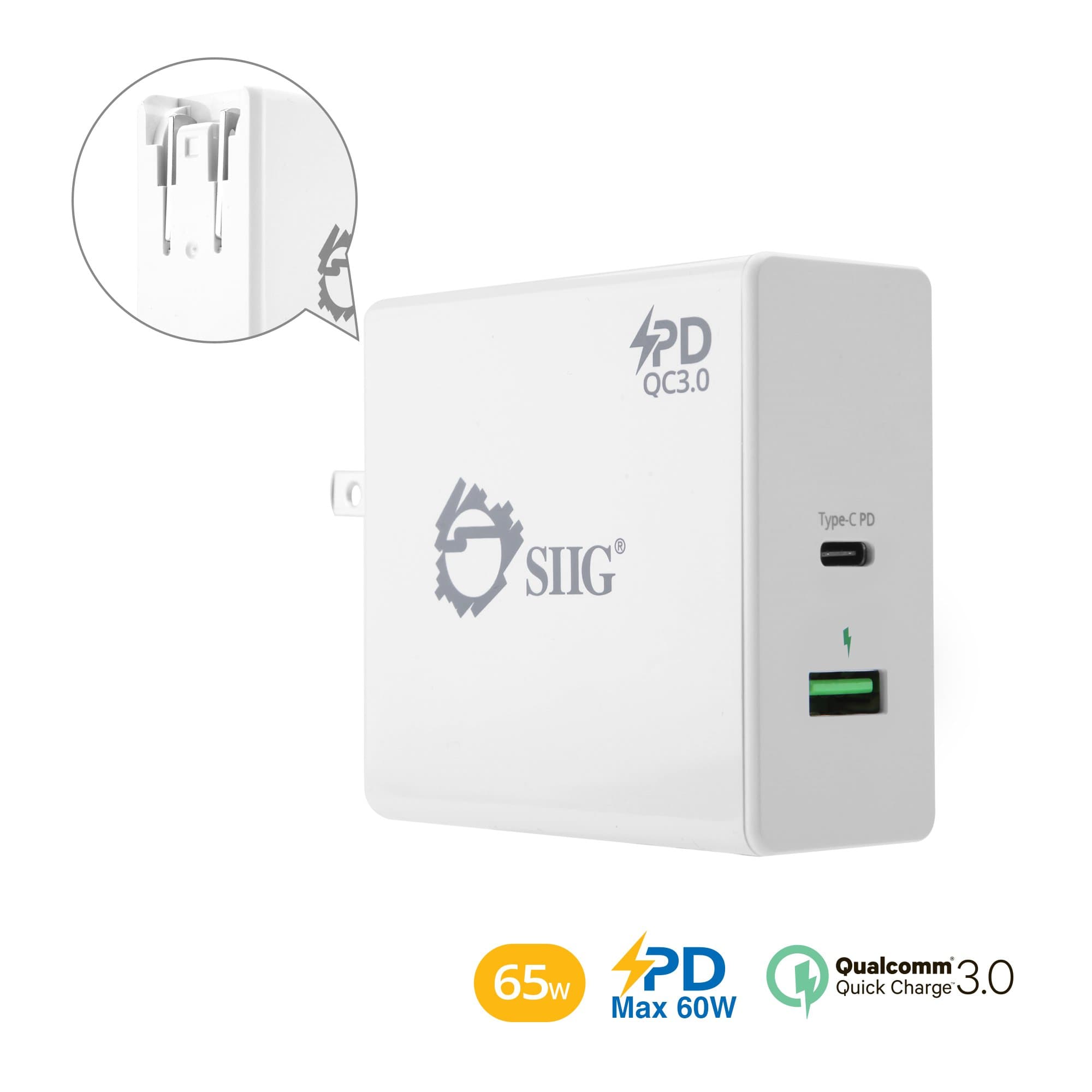 SIIG 65W USB Type C Wall Charger (USB C Power Adapter/USB C Laptop Charger/USB-C PD Charger) with Power Delivery & QC 3.0 USB Port for MacBook Pro, Laptops with USB C Charging, Smart Phones