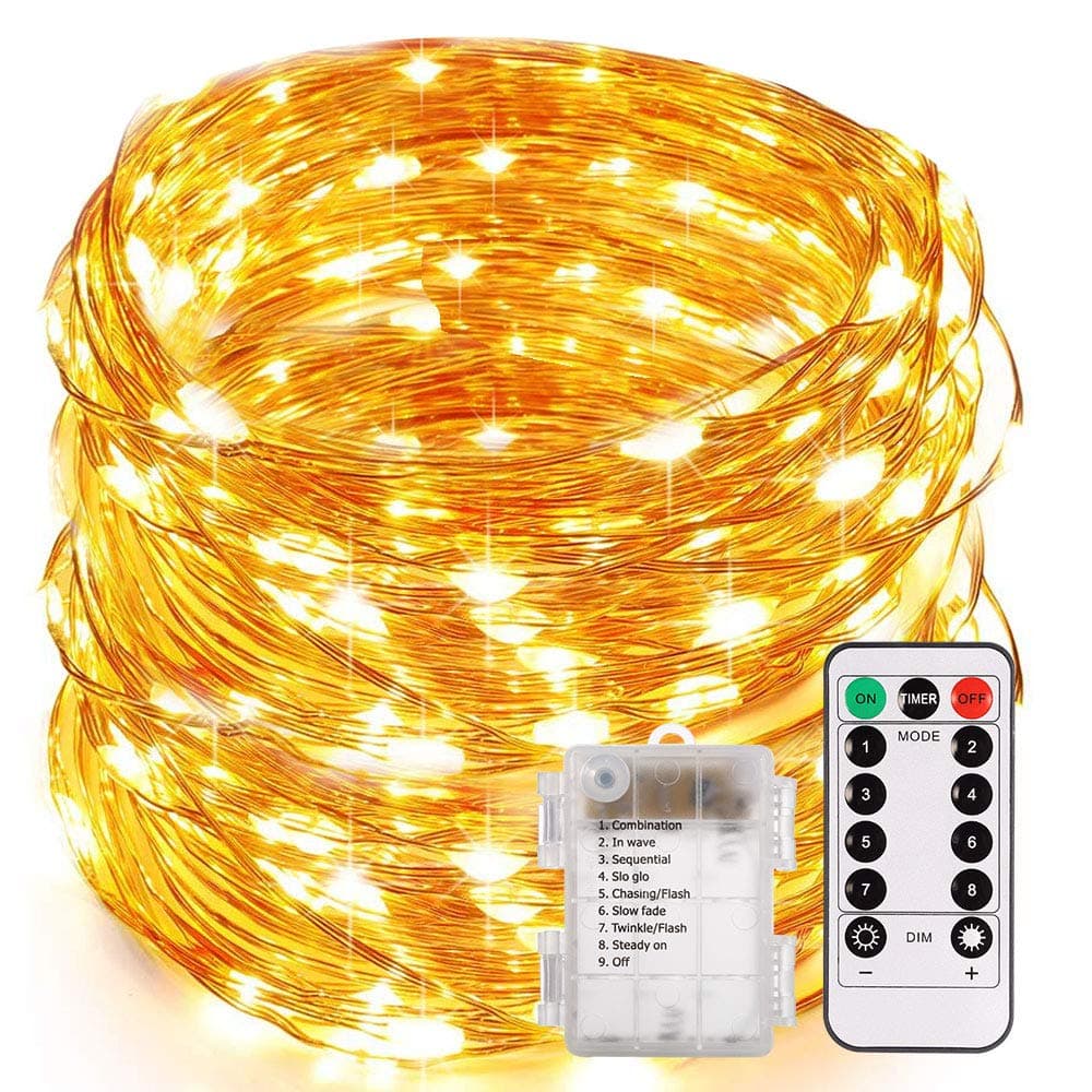 ECOWHO String Lights Starry Fairy Lights Battery Powered 8 Lighting Modes Remote IP65 Waterproof Christmas Lights for Room Party Holiday(Warm White)