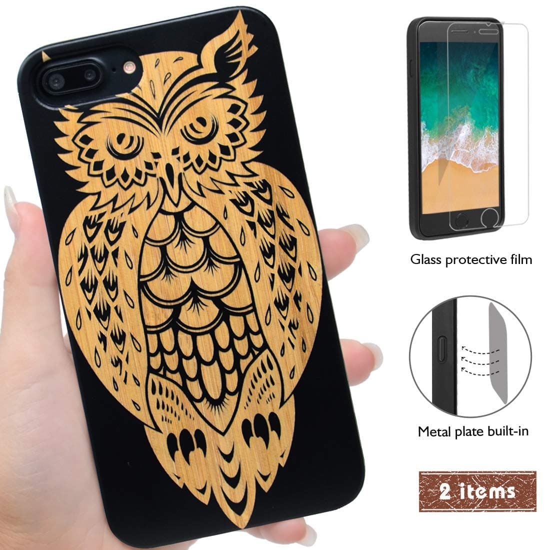 iProductsUS Wood Phone Case Compatible with iPhone 8, 7, 6/6S and Screen Protector, Black Bamboo Cases Engraving Owl, Built-in Metal Plate, TPU Rubber Protective Cover (4.7 inches)
