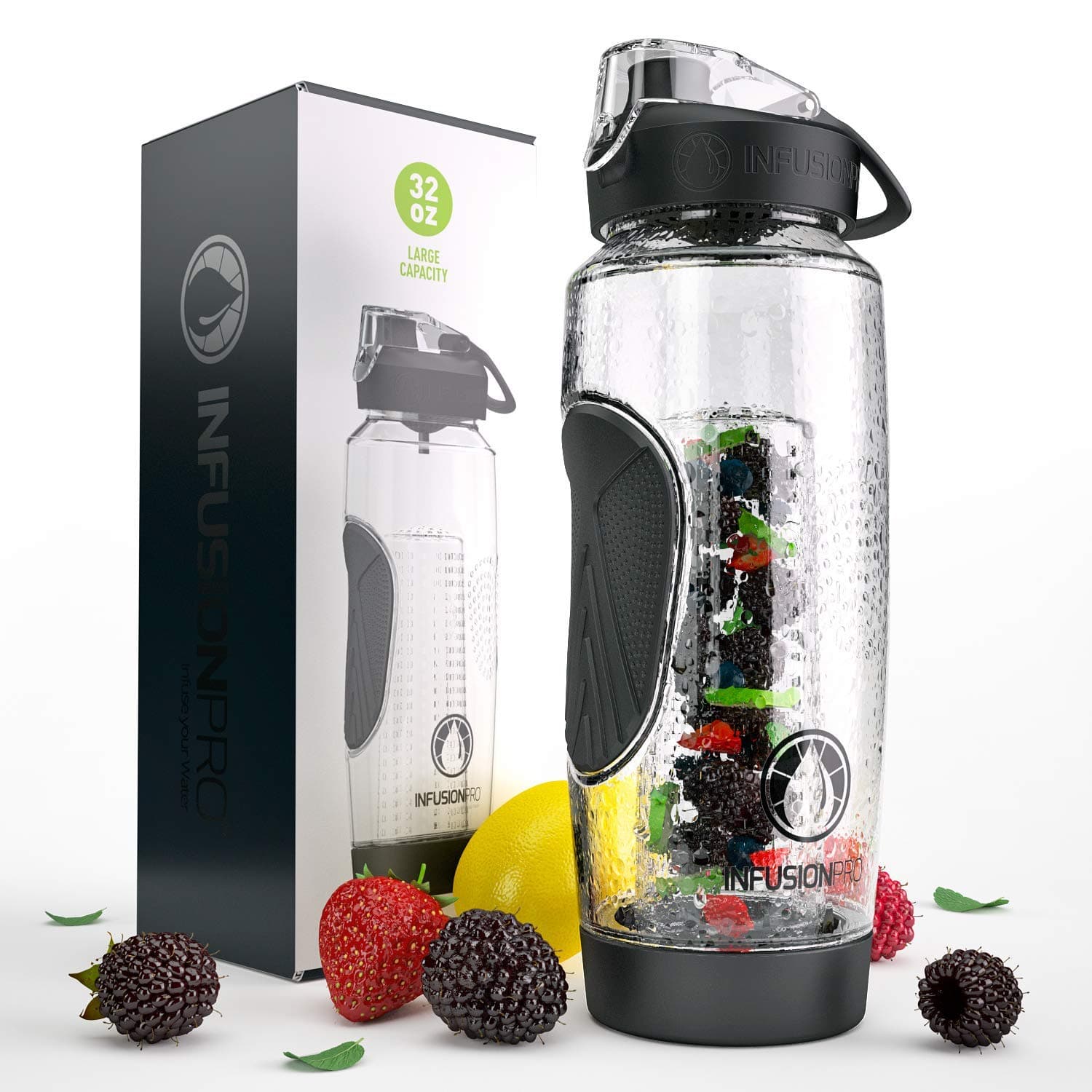 Infusion Pro 32 oz. Fruit Water Bottle Infuser with Insulated Sleeve & Infusion eBook :: Bottom Loading, Large Cage for More Flavor & Pulp Strainer :: Delicious, Healthy Way to Up Your Water Intake