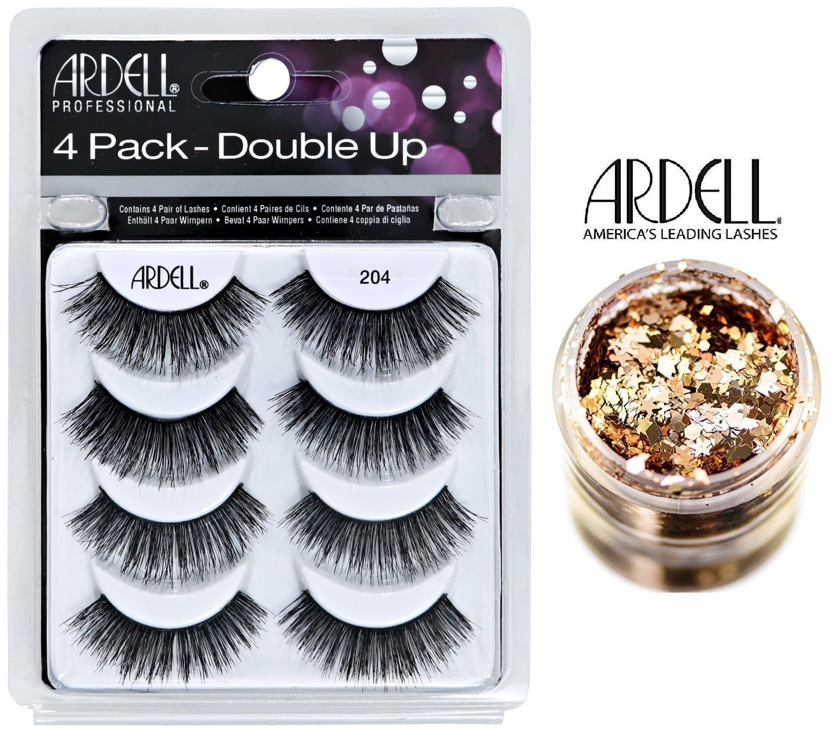 Ardell 4 Pack DOUBLE UP, 204 BLACK, Multipack Lashes, Contains 4 Pair of Eye Lashes (with bonus Skin/Hair GLITTER) (204 Black (Double Up))