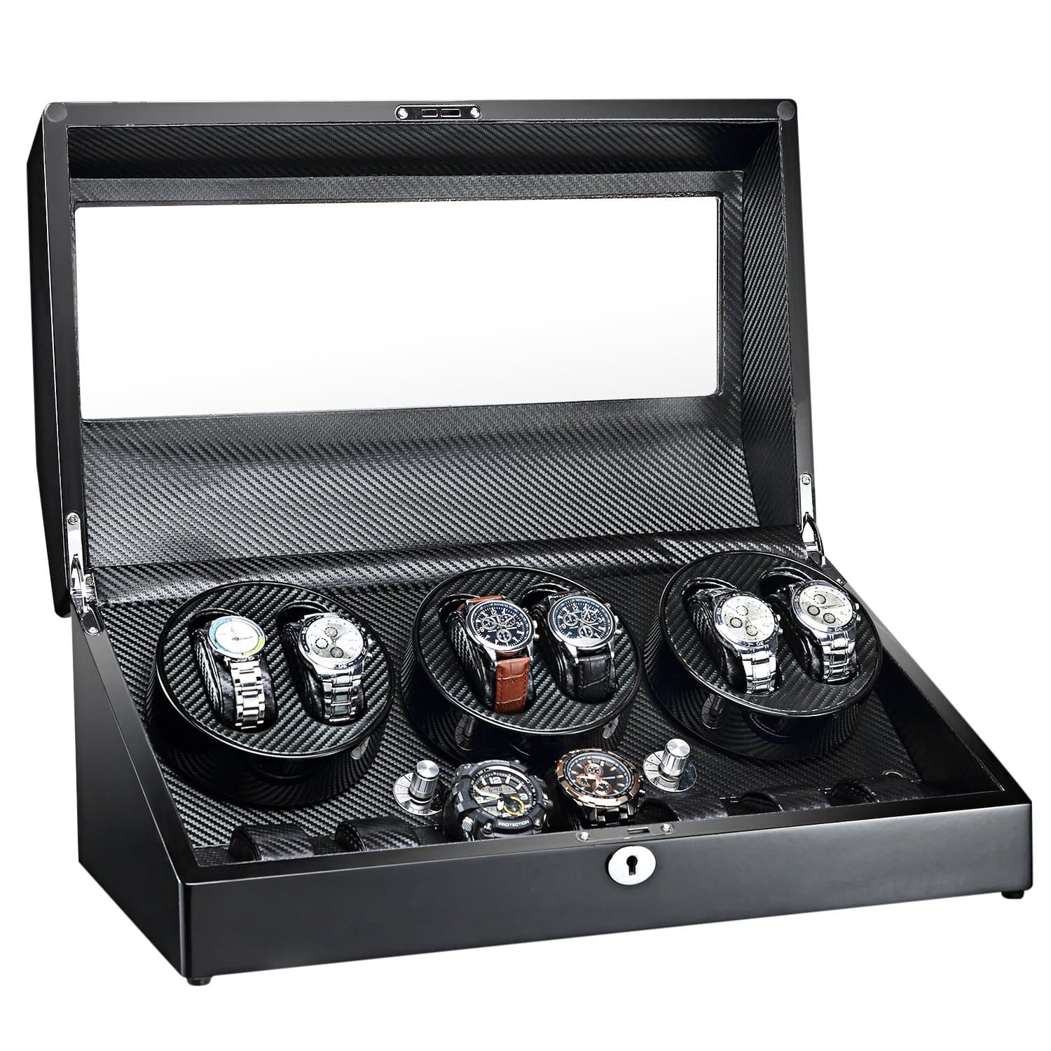 Automatic Watch Winder 6+7 Storage Boxes for 13 Watches with Quiet Mabuchi Motors Wood Shell Piano Paint Exterior Soft Flexible Watch Pillows