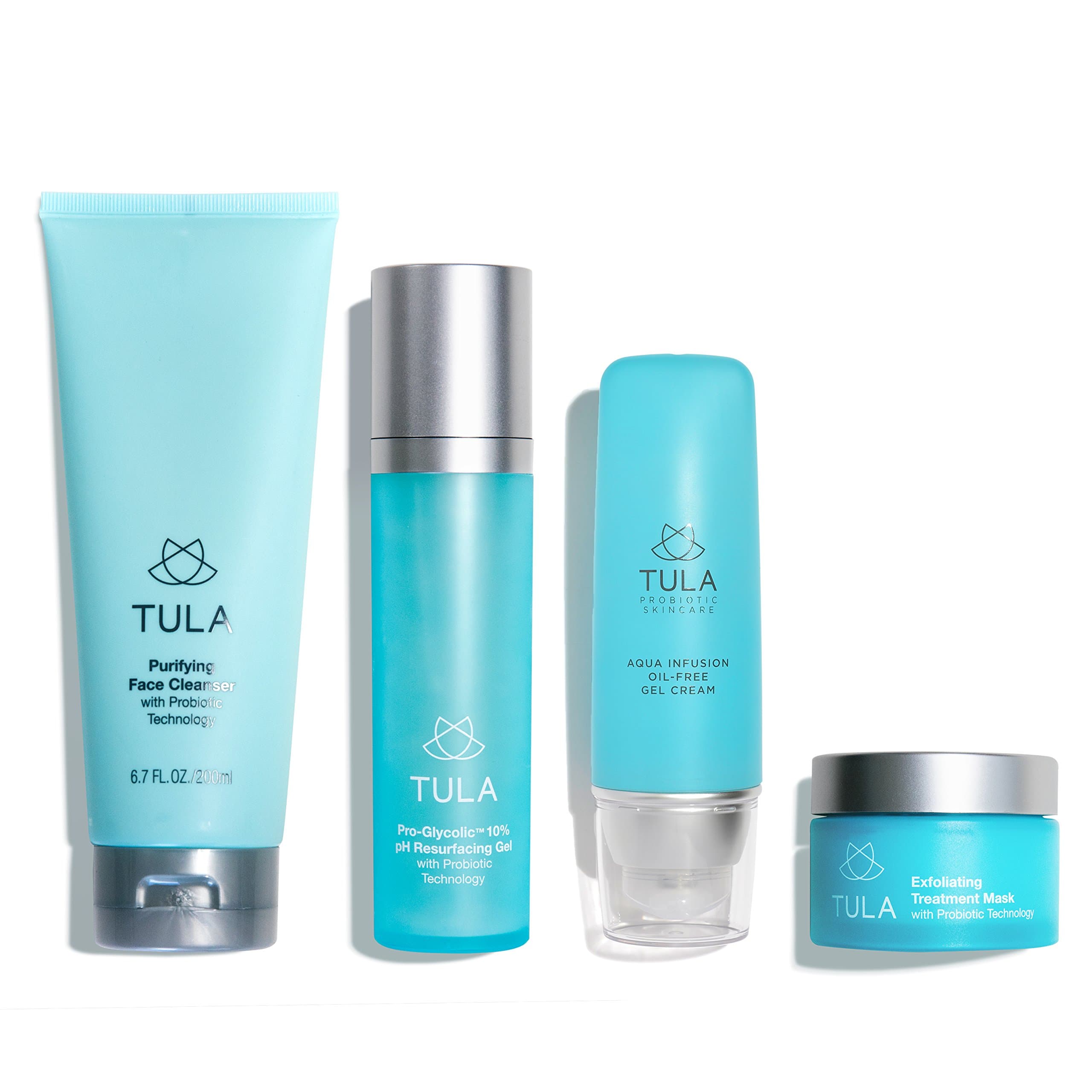 TULA Probiotic Skin Care Clear Complexion Kit | Full-Sized Set with Facial Cleanser | Aqua Infusion Gel Cream | Glycolic Resurfacing Gel & Exfoliating Mask for Moisturized and Youthful Skin