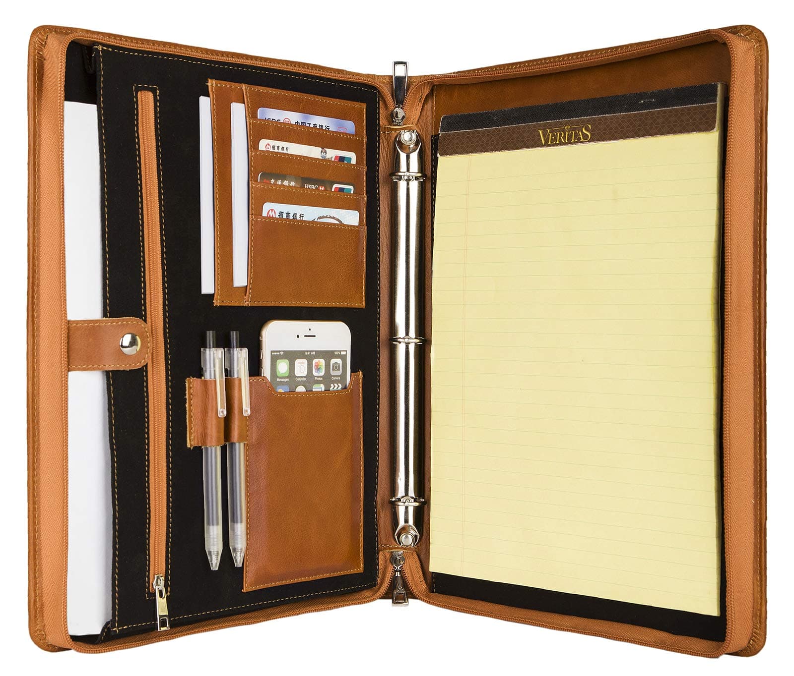 [Logo/Initials/Full Name Engraved] Personalized Handmade Genuine Leather Padfolio Portfolio for Tablet/Laptop,3 Ring Binder Document Organizer with A4 Size Notepad Holder,Gift for Men,Brown