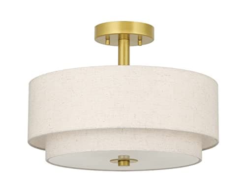 XiNBEi Lighting 3 Light Semi Flush Mount Light, Close to Ceiling Light Fixture with Fabric Shade Retro Gold Brass 16 inch Semi Flush Drum Light for Bedroom, Living Room & Kitchen XB-SF1289-GB