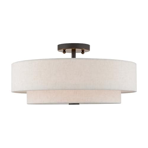 Livex Lighting 51085-92 4-Light Semi Flush Mount Ceiling Fixture with Oatmeal Color Fabric Hardback Drum Shade and Satin White Diffuser, English Bronze
