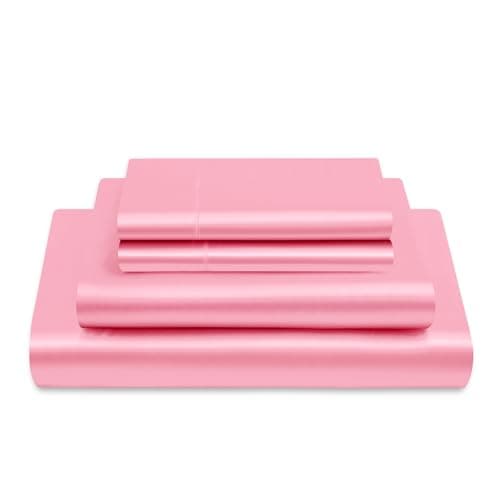 Vonty Satin Sheets Full Size Silky Soft Satin Bed Sheets Bright Pink Sheet Set, 1 Deep Pocket Fitted Sheet + 1 Flat Sheet + 2 Pillowcases