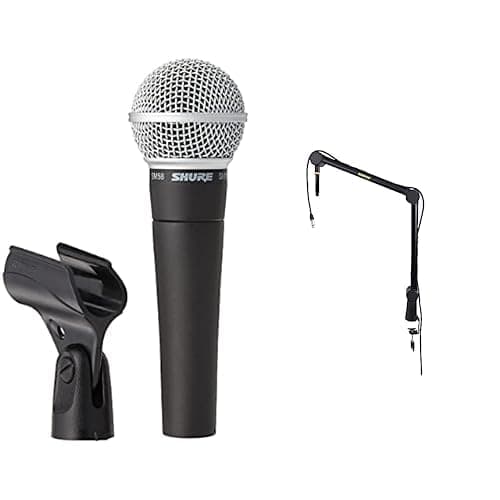 Shure SM58-CN Microphone Bundle with Shure by Gator Deluxe Articulating Desktop Podcasting Mic Boom Arm with Cable Management Channel, Clamps Easily to Any Desk, 25' XLR Cable