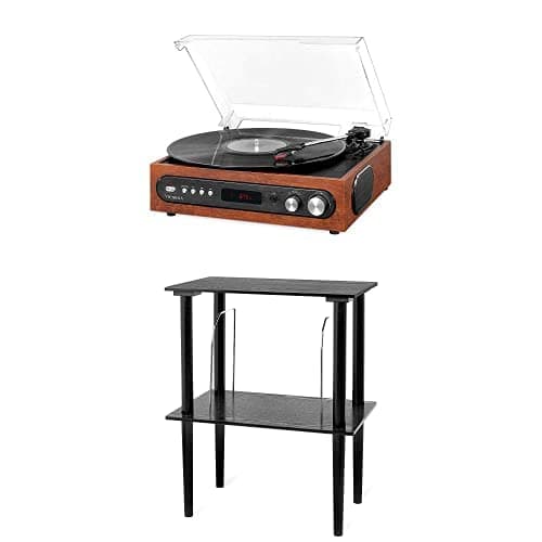 All-in-1 Bluetooth Record Player with Built in Speakers and 3-Speed Turntable Mahogany (VTA-65-MAH) & Victrola Wooden Stand for Wooden Music Centers with Record Holder Shelf, Black