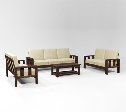 7 Seater Wooden Sofa Set with Center Table | Solid Wood Sofa Set (3+2+2) Walnut Finish, 40 x 65 Centimeters