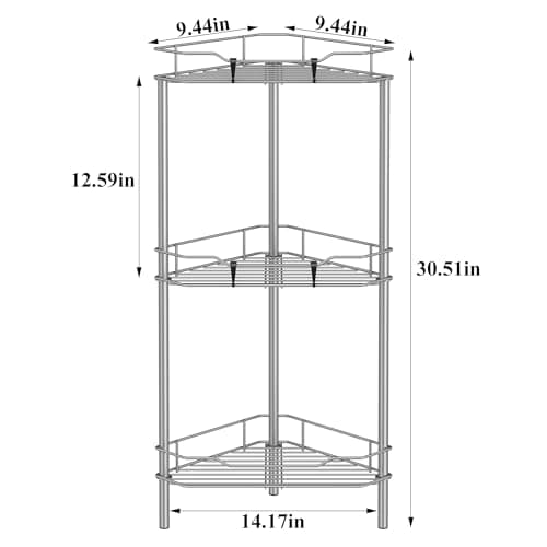 3 Tier Floor Standing Corner Shower Caddy Organizer Shelf with Hooks, Bathroom Shelves Stand Rack, Gray