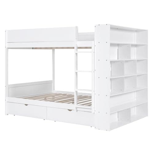 Modern Bunk Bed Full Over Full Size with Large Storage Shelves, Solid Wood Bunk Bed Frame with 2 Drawers and Safety Guardrail for Kids Teens Adults, Maximized Space (White-MLC)