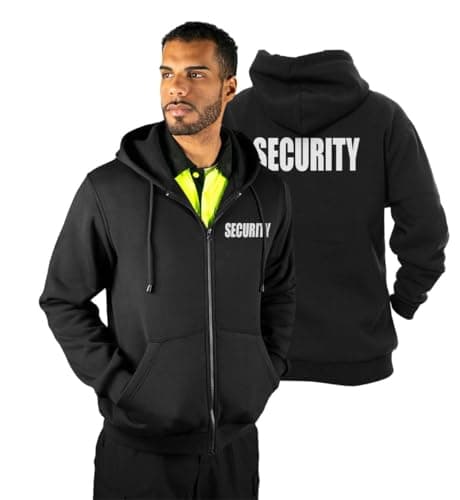 RYNO GEAR Men's Security Guard Silkscreen Front & Back Black Full Zip Hoodie, Fleece Hoodie.