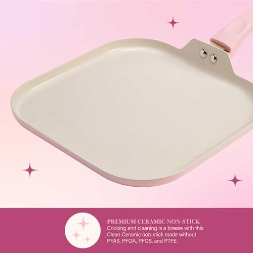 Breakfast Ceramic Nonstick Cookware Set, Includes Square Griddle, Mini Heart Shaped Fry Pan and Two Silicone Heart Shaped Egg Rings, 4-Piece Set, Pink