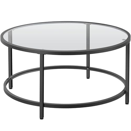 Yaheetech 36" Round Glass Coffee Table, Black Circle Coffee Table Center Table with Glass Top, Small Coffee Table for Living Room, Office & Apartment