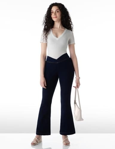 INKD Women's Flared Pull-on Jeans - Mid-Rise| Enzyme Wash | Slant Waistband | Jeans for Women