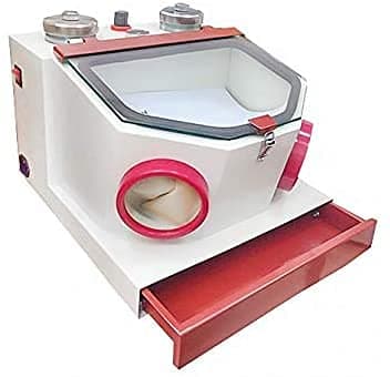 BONEW Lab Sandblaster Double Pen Fine Sand Blasting Machine Large View Window Sandblaster Unit with Lamp and Drawer (Metal Cups)
