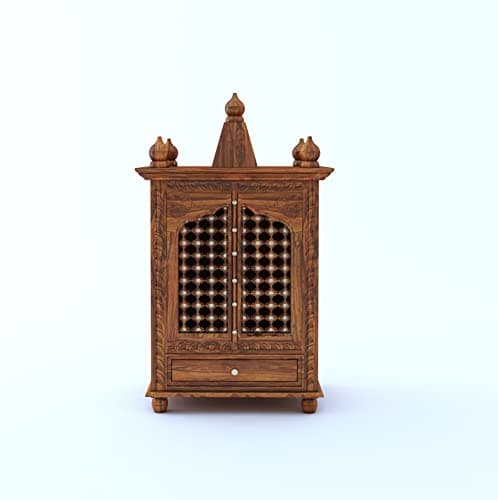 Ganpati Arts Solid Sheesham Wood Temple in Brass Work with Two Doors and One Drawer Storage Wooden Mandir for Home and Office - Natural Finish 1 Year Warranty
