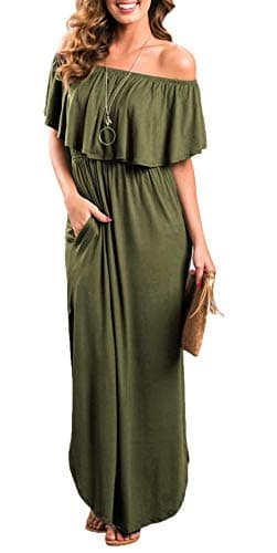 THANTHWomens Off The Shoulder Ruffle Party Dresses Side Split Beach Maxi Dress