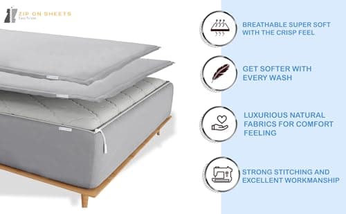 Zip On Sheets™ Zipper Fitted Sheet Full Size - Upto 16” Inch Deep Pockets - Includes 1 Fitted Sheet Base & 2 Zip-On Sheets - Easy to Use, Sateen Cotton 500 TC Fitted Sheet - Black