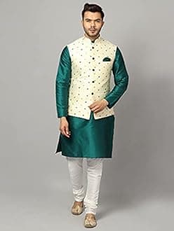 Uri and MacKenzie Men's Silk Blend Regular Kurta Churidar Pyjama with Bundi Nehru Jacket/Waistcoat