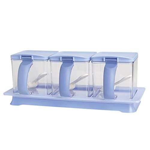 METKA Kitchen Seasoning Box Set - 3 Separate Handle Condiment Boxes-Seasoning Box Jar Plastic Condiment Transparent Storage Container-Cruet with Cover and Spoon (Blue)