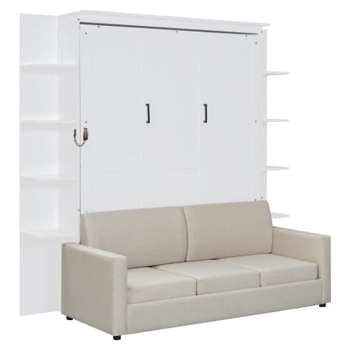 Bellemave Queen Size Murphy Bed with Sofa, Wall with Storage Shelves, Folding Cabinet Bed for Bedroom, Apartment, Home Office, White