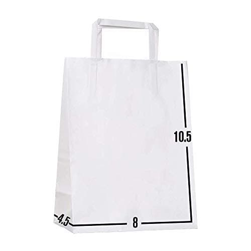[100 Pcs. 8 X 4.5 X 10.5]- Kraft Paper Gift Bags Bulk with Flat Handles. Ideal for Shopping, Packaging, Retail, Party, Craft, Gifts, Wedding, Recycled, Business, Goody and Merchandise Bag (White)