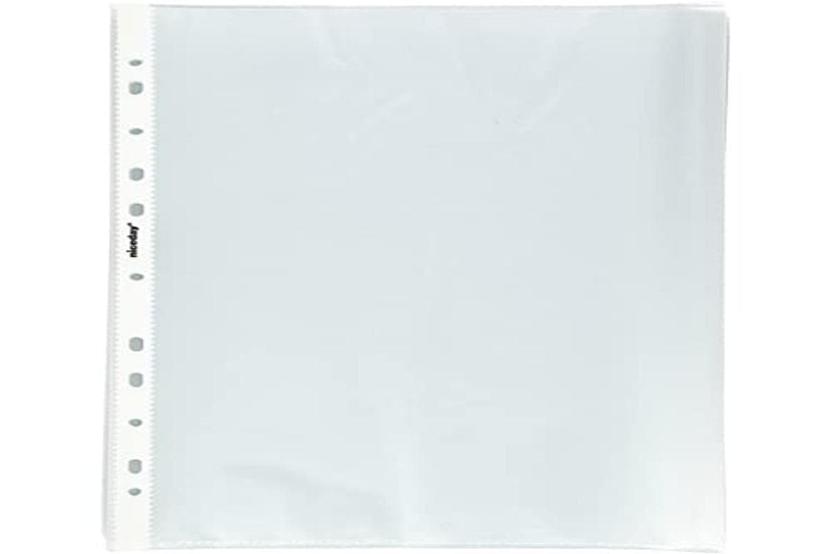 Niceday A4 plastic document wallets, pack of 100, polypropylene, 11 holes, 55 micron, transparent