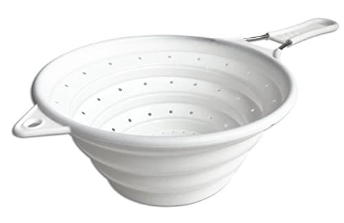Chef Basics' White Collapsible Strainer/Colander with Stainless Steel Handle. Holds Entire Box of Pasta, Then Collapses to Just 1 Inch Tall for Easy Storage!
