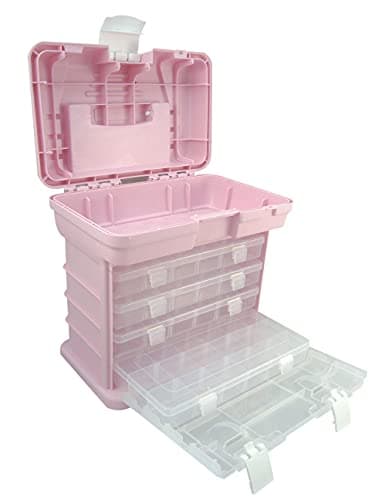 Lunar Box, Storage Carry Case With 5 compartmetns, 4 Adjustable Multi-Compartment Pull Out Drawer Boxes, Organiser Caddy for Arts, Crafts, Sewing and DIY (Pink)