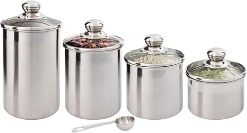 SILVERONYX Beautiful Canisters Sets for the Kitchen Counter, Small Sized, Stainless Steel with Glass Lids and 20 ml Measuring Scoop - Tea Coffee Sugar Canisters - 4 Canisters