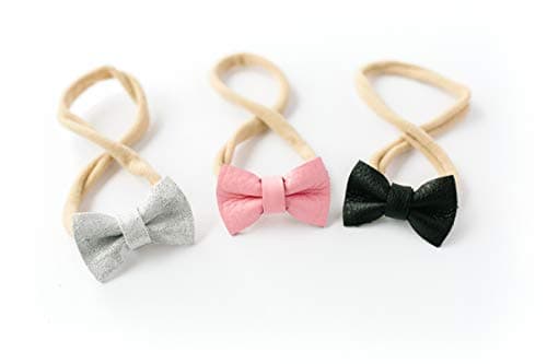 Indie Bow Co Handmade Genuine Leather Micro Mini Bow Headbands Set of 3 in Black, Bubblegum, Silver Sparkle