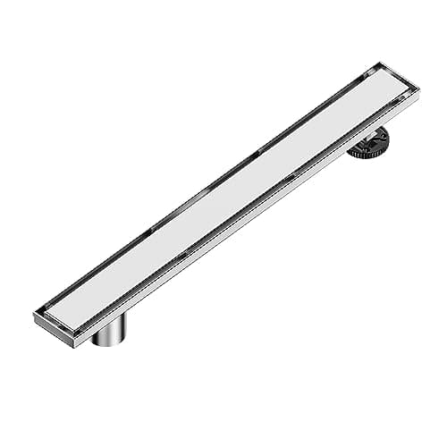 28-Inch Offset Linear Shower Drain with Tile Insert Grate Cover, Brushed 304 Stainless Steel Rectangle Side Outlet Shower Floor Drain, Adjustable Leveling Foot, Hair Strainer/Catcher