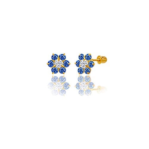 14kt Solid Gold Kids Flower Stud Screwback Earrings - Sapphire