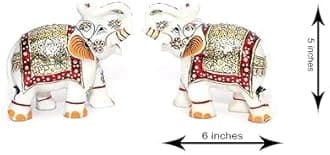 Marble Elephant Pair (Big) with Golden Meenakari Work for Decoration and Pooja for Home & Office (Multi,15x8.5x12.5)