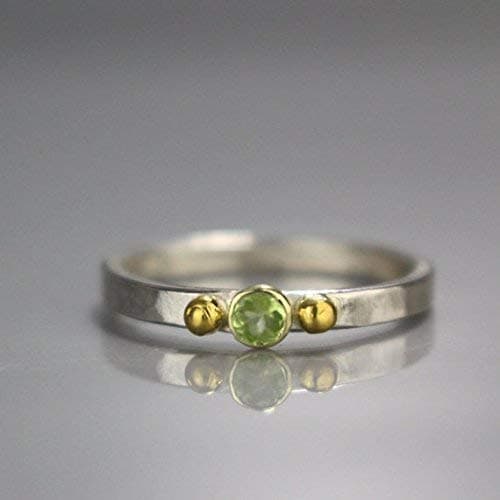 Artisan Handcrafted Peridot Wedding Band Sterling Silver Solid 22K Gold, Unique Boho Gemstone Stacking Rings, Sizes US 3.5-12