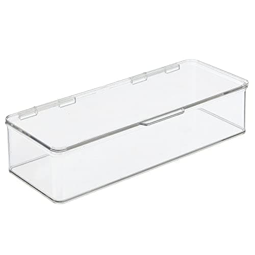 Long Plastic Kitchen Pantry/Fridge Storage Organizer Box Containers with Hinge Lid for Shelves or Cabinets, Holds Food, Snacks, Seasoning, Condiments, Flatware, Utensils, 2 Pack, Clear