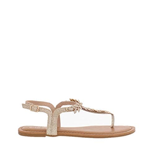 Women's T-Strap Gem Stone Leaf Accent Thong Sandal with Adjustable Buckle (Champagne, 6 B(M) US)