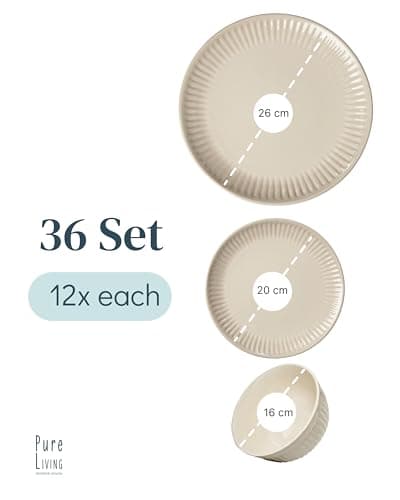 36-Piece Dinnerware Set - Bowl and Plate Set - Stoneware Dining Set for 12 People - Dishwasher and Microwave Safe - Grooved Dining Service in Light Brown