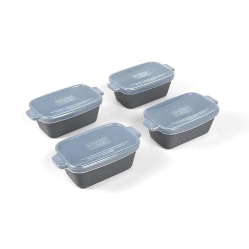 Souper Cubes Stoneware - Small Ceramic 5" x 3" Baking Dish with Silicone Covers, Small Baking Dishes for Oven Perfect for Reheating Single Serve Portions, Set of 4 - Charcoal