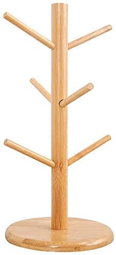 KASTWAVEBamboo Mug Rack Tree Coffee Tea Cup Organizer Hanger Holder with 6 Hooks Removable Bamboo Mug Stand